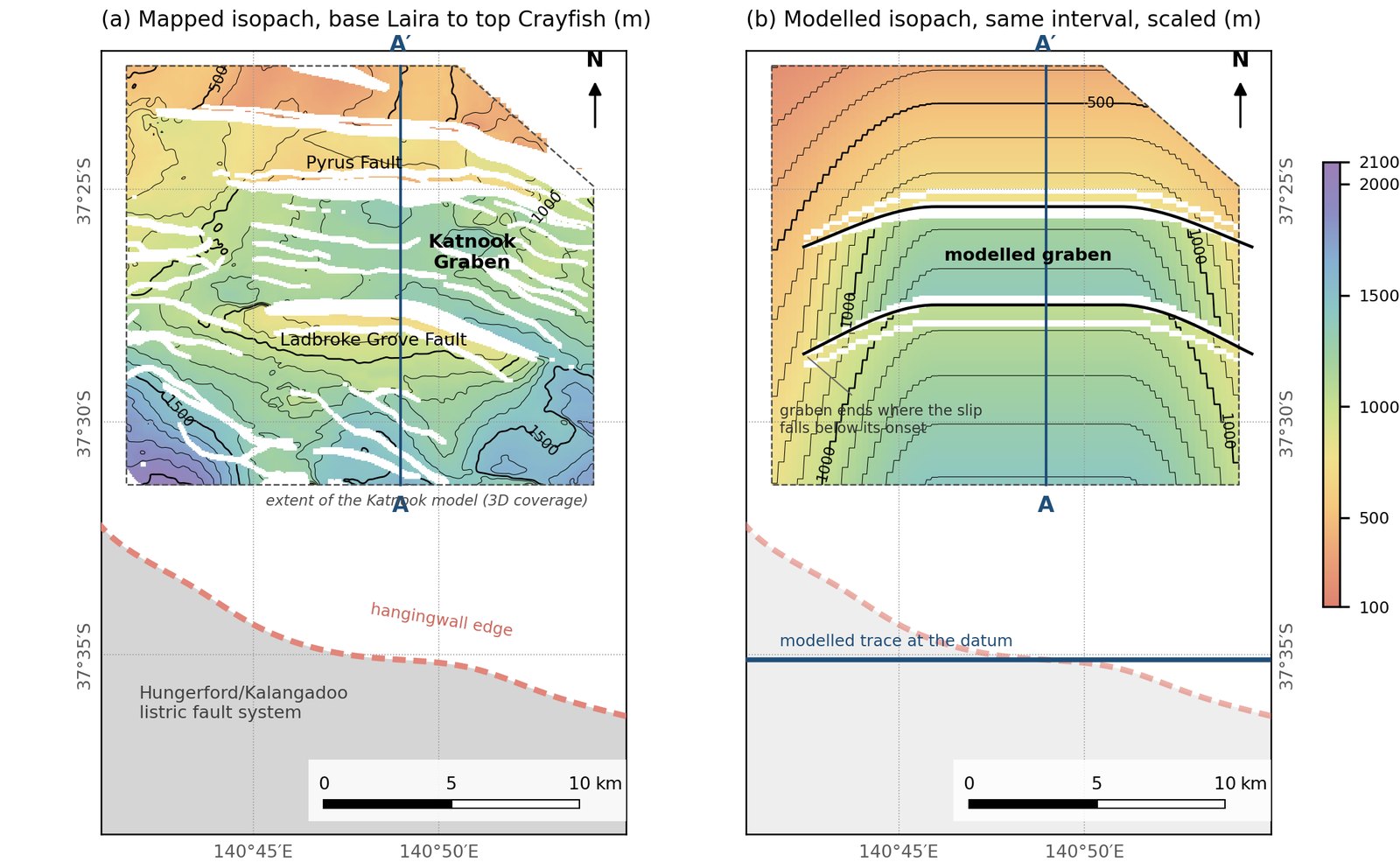 Mapped isopach of the base Laira to top Crayfish interval over the Katnook Graben beside the modelled isopach of the same interval at the same scale