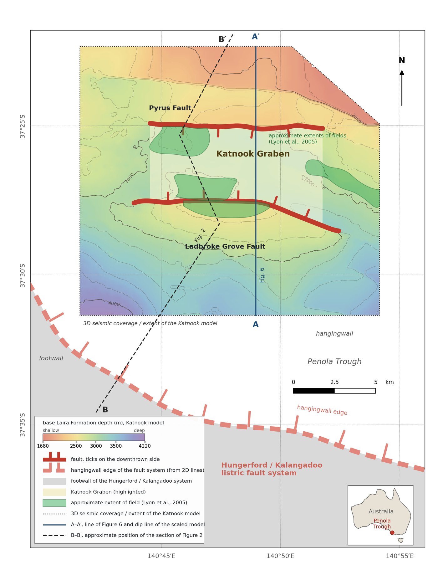 Depth structure map of the base Laira Formation over the Katnook Graben, with the Pyrus and Ladbroke Grove faults, the approximate extents of the fields and the hangingwall edge of the Hungerford/Kalangadoo listric fault system